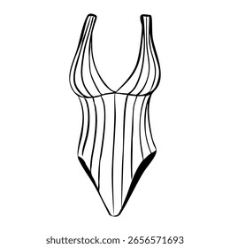Bañador de una pieza con rayas. Ilustración vectorial aislada para el diseño de verano. Traje de baño de verano Ropa de playa Dibujado a mano Boceto de tinta