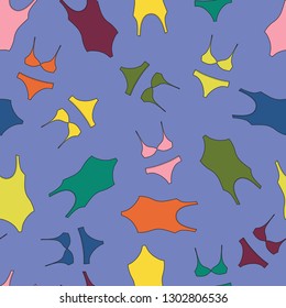 One-piece swimsuits, bikinis. Vector bright colored seamless pattern.