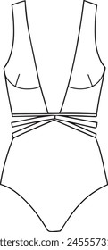 one-piece women's swimsuit for swimming in a pool and diving hand-drawn line art black and white