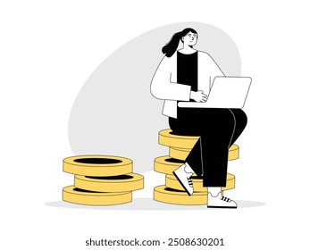 Mujer de una coleta sentada en una inversión de ingresos de monedas. Mirando el portátil. Diseño de personajes. Ilustración plana de Vector