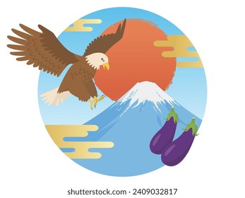 One-point illustration of one Fuji two hawks and three eggplants