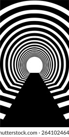 One-Point Perspective Optical Tunnel – Abstract Geometric Vortex with Concentric Polygon Layers in Black and White, Hypnotic Depth Illusion Vector Design	