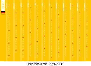 One-row vertical calendar for the year 2022 in German. German calendar for 2022 with highlighted Sundays. Vector illustration.