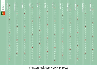 One-row vertical calendar for the year 2022 in Portuguese. Portuguese calendar for 2022 with highlighted Sundays. Vector illustration.