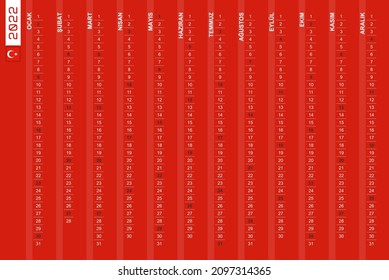 One-row vertical calendar for the year 2022 in Turkish. Turkish calendar for 2022 with highlighted Sundays. Vector illustration.
