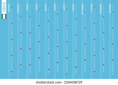 One-row vertical calendar for the year 2022 in Italian. Italian calendar for 2022 with highlighted Sundays. Vector illustration. Translation: “Months of the year and days of the week”.