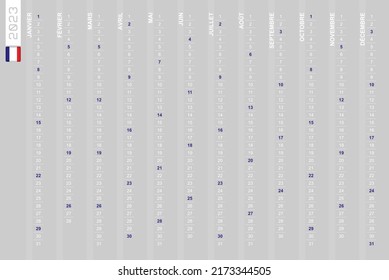 One-row vertical calendar for the year 2023 in French. French calendar for 2023 with highlighted Sundays. Vector illustration.