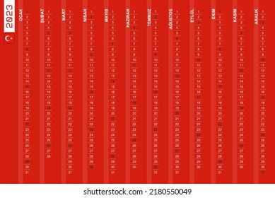 One-row vertical calendar for the year 2023 in Turkish. Turkish calendar for 2023 with highlighted Sundays. Vector illustration.