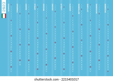 One-row vertical calendar for the year 2023 in Italian. Italian calendar for 2023 with highlighted Sundays. Vector illustration.