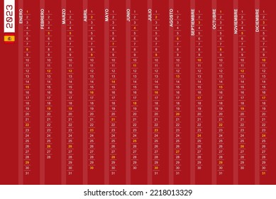 One-row vertical calendar for the year 2023 in Spanish. Spanish calendar for 2023 with highlighted Sundays. Vector illustration.