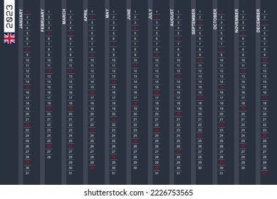 One-row vertical calendar for the year 2023 in English. English calendar for 2023 with highlighted Sundays. Vector illustration.