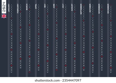 One-row vertical calendar for the year 2024 in English. English calendar for 2024 with highlighted Sundays. Vector illustration.