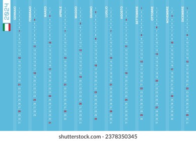 One-row vertical calendar for the year 2024 in Italian. Italian calendar for 2024 with highlighted Sundays. Vector illustration.