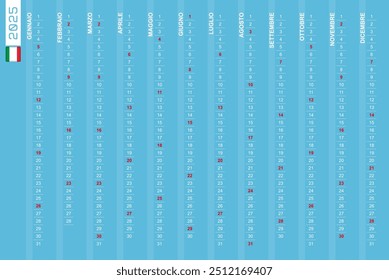 Calendario de Vertical de una fila para el año 2025 en italiano. Calendario italiano para 2025 con domingos destacados. Ilustración vectorial.