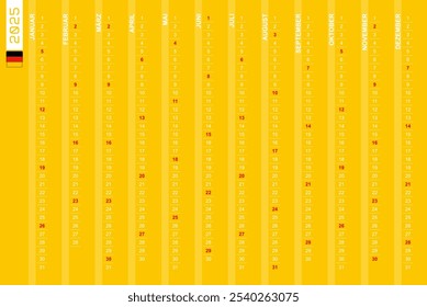 Calendário vertical de uma linha para o ano de 2025 em alemão. Calendário alemão para 2025 com destaque aos domingos. Ilustração vetorial.