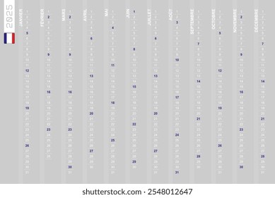 One-row vertical calendar for the year 2025 in French. French calendar for 2025 with highlighted Sundays. Vector illustration.