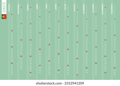 One-row vertical calendar for the year 2025 in Portuguese. Portuguese calendar for 2025 with highlighted Sundays. Vector illustration.