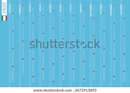 One-row vertical calendar for the year 2026 in Italian. Italian calendar for 2026 with highlighted Sundays. Vector illustration.