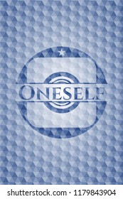 Oneself blue emblem with geometric pattern background.