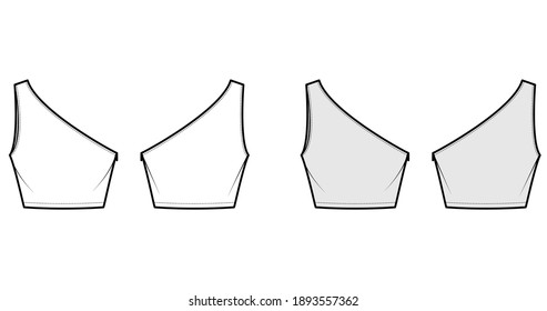 One-shoulder crop top tank technical fashion illustration with fitted slim body, waist length. Flat outwear shirt apparel template front, back, white grey color. Women, men unisex CAD mockup