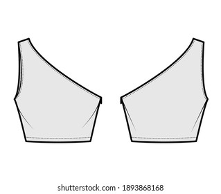 One-shoulder crop top tank technical fashion illustration with fitted slim body, waist length. Flat outwear shirt apparel template front, back, grey color. Women, men unisex CAD mockup