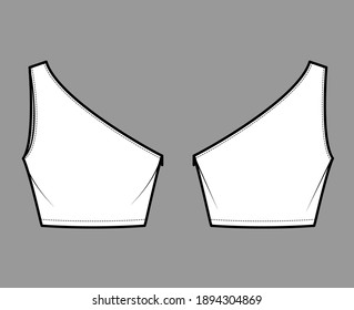 One-shoulder crop top tank technical fashion illustration with fitted slim body, waist length. Flat outwear shirt apparel template front, back, white color. Women, men unisex CAD mockup