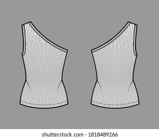 One-shoulder ribbed stretch-jersey tank technical fashion illustration with slim fit, tunic length. Flat outwear cami top apparel template front, back grey color. Women, men unisex shirt knit mockup