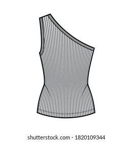 One-shoulder ribbed stretch-jersey tank technical fashion illustration with slim fit, tunic length. Flat outwear cami top apparel template front, grey color. Women, men unisex shirt knit CAD mockup