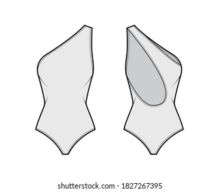 One-shoulder stretch bodysuit technical fashion illustration with open scooped back, medium brief coverage. Flat outwear one-piece apparel template front, white color. Women unisex swimsuit CAD mockup
