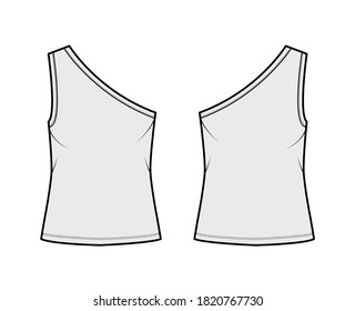 One-shoulder stretch-jersey tank technical fashion illustration with oversized body, elongated hem. Flat outwear cami apparel template front, back, grey color. Women, men unisex shirt top CAD mockup