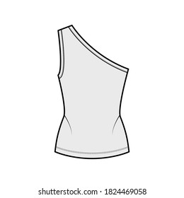 One-shoulder stretch-jersey tank technical fashion illustration with fitted body, elongated hem. Flat outwear cami apparel template front, grey color. Women, men unisex shirt top CAD mockup
