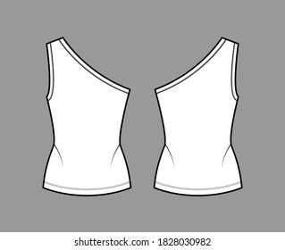 One-shoulder stretch-jersey tank technical fashion illustration with fitted body, elongated hem. Flat outwear cami apparel template front, back, white color. Women, men unisex shirt top CAD mockup