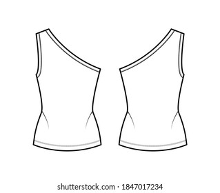 One-shoulder stretch-jersey tank technical fashion illustration with fitted body, elongated hem. Flat outwear cami apparel template front, back, white color. Women, men unisex shirt top CAD mockup