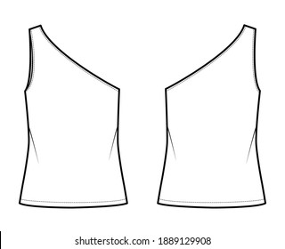 One-shoulder top tank technical fashion illustration with oversized body, tunic length hem. Flat outwear shirt apparel template front, back, white color. Women, men unisex CAD mockup