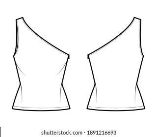 One-shoulder top tank technical fashion illustration with fitted slim body, tunic length hem. Flat outwear shirt apparel template front, back, white color. Women, men unisex CAD mockup