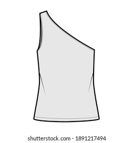 One-shoulder top tank technical fashion illustration with oversized body, tunic length hem. Flat outwear shirt apparel template front, grey color. Women, men unisex CAD mockup