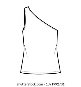 One-shoulder top tank technical fashion illustration with oversized body, tunic length hem. Flat outwear shirt apparel template front, white color. Women, men unisex CAD mockup