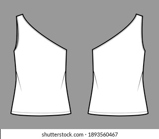 One-shoulder top tank technical fashion illustration with oversized body, tunic length hem. Flat outwear shirt apparel template front, back, white color. Women, men unisex CAD mockup