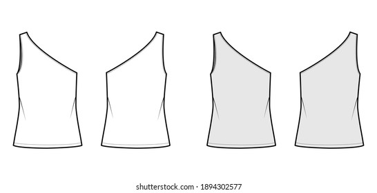 One-shoulder top tank technical fashion illustration with oversized body, tunic length hem. Flat outwear shirt apparel template front, back, white grey color. Women, men unisex CAD mockup