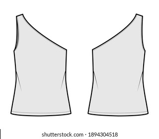 One-shoulder top tank technical fashion illustration with oversized body, tunic length hem. Flat outwear shirt apparel template front, back, grey color. Women, men unisex CAD mockup