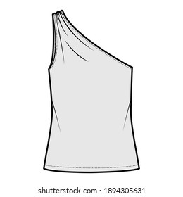 One-shoulder top tank technical fashion illustration with ruching, oversized body, tunic length hem. Flat outwear shirt apparel template front, grey color. Women, men unisex CAD mockup