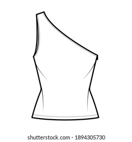 One-shoulder top tank technical fashion illustration with fitted slim body, tunic length hem. Flat outwear shirt apparel template front, white color. Women, men unisex CAD mockup