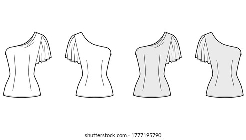 One-shoulder top technical fashion illustration with fitted body, elbow circle sleeve, side zip fastening. Flat apparel blouse template front, back white grey color. Women, men and unisex mockup CAD