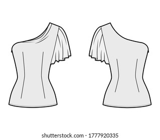 One-shoulder top technical fashion illustration with fitted body, elbow circle sleeve, side zip fastening. Flat apparel blouse template front, back grey color. Women, men and unisex mockup CAD