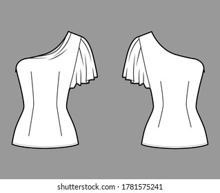 One-shoulder top technical fashion illustration with fitted body, elbow circle sleeve, side zip fastening. Flat apparel blouse template front, back white color. Women, men and unisex mockup CAD