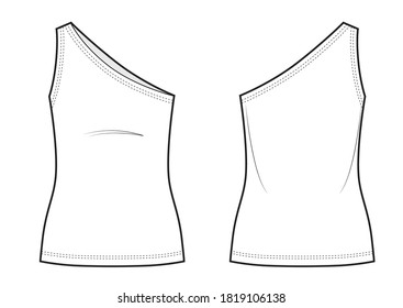 One-shoulder top technical fashion illustration with fitted body, sleeveless.