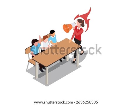 one-sided or highly charged discussion, possibly a lecture, a demanding instruction, or a heated meeting isometric 3d vector illustration