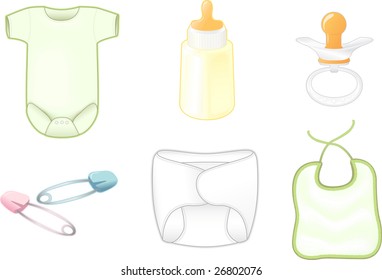 Onesie, bottle, pacifier, safety pins (pink and blue), diaper, and bib. Each item on independent layer for easy editing and use.