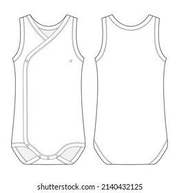 Onesie with a crossover neckline. Baby sleeveless body wear mockup. Infant tank top technical sketch. Children bodysuite. Outline underwear. Front and back view. CAD fashion design illustration