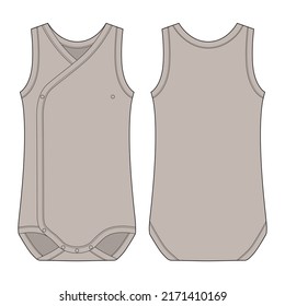 Onesie with a crossover neckline. Grey color. Baby sleeveless body wear mockup. Infant tank top technical sketch. Children bodysuite. Outline underwear. Front and back view. CAD fashion illustration